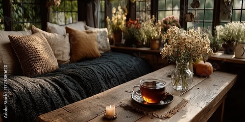 A cozy reading nook beside a large window draped