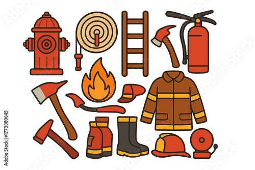 Essential firefighting tools and protective gear set on white background
