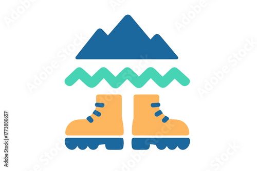 Sturdy hiking boots and mountain peaks symbolizing outdoor adventure and trekking