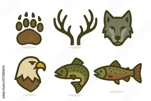 Stylized wildlife symbols featuring bear paw print, deer antlers, wolf head, bald eagle, and fish