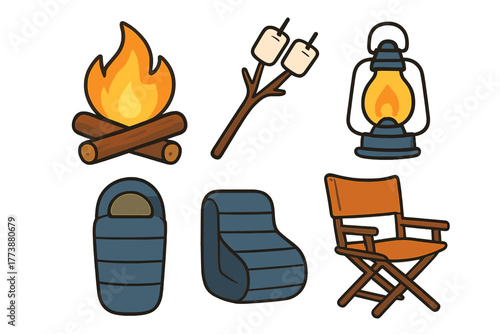 Camping equipment set with bonfire, lantern, sleeping bag, and folding chair