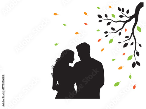 Silhouette of a loving couple embracing under a tree with falling leaves and blossoms on a white background