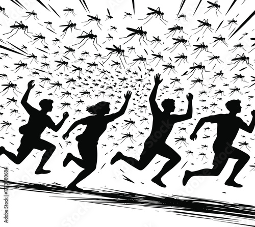 Four people running away from swarm of mosquitoes, comic silhouette scene, panic outdoors, black white minimalist illustration, chaotic moment
