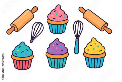 Seamless pattern of colorful sweet cupcakes and essential kitchen baking utensils