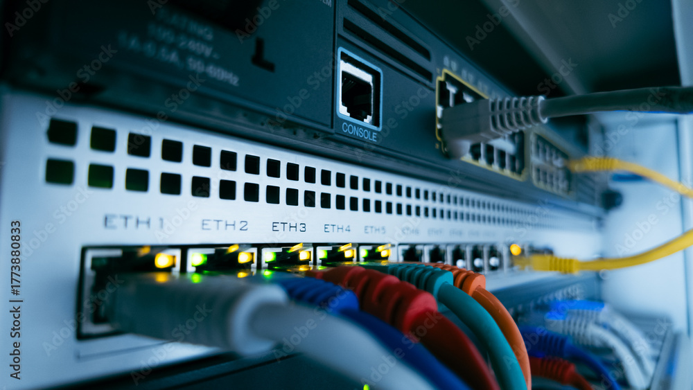Naklejka premium Network cables and glowing lights on professional data switch, representing information flow, digital connectivity, and secure technology infrastructure concept