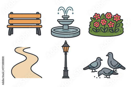 Public park elements featuring bench, water fountain, flower bush, path, lamppost, and pigeons
