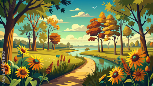 Very beautiful ultra-wide panoramic view of native trees and blooming sunflowers along the recreational trail at Cuba Marsh Forest Preserve in Lake County, Illinois, during autumn, capturing vibrant 