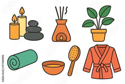 Collection of essential items for spa treatment, wellness, and self-care routine