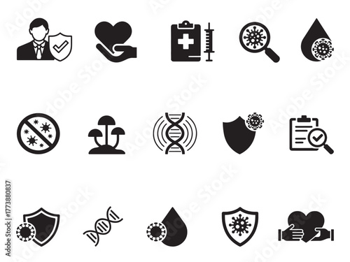 Collection of medical and health related icons representing protection research and disease prevention in a clean graphic design
