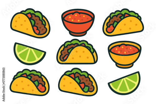 Cartoon seamless pattern featuring Mexican food elements: tacos, salsa bowls, and lime wedges