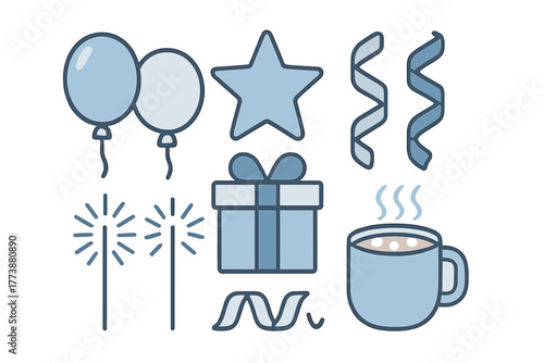 Blue celebration icons: balloons, gift box, star, sparklers, and hot drink mug