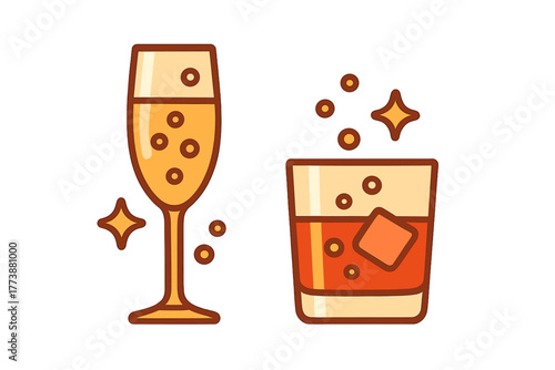 Sparkling champagne flute and rocks glass with whiskey and ice cubes for celebration