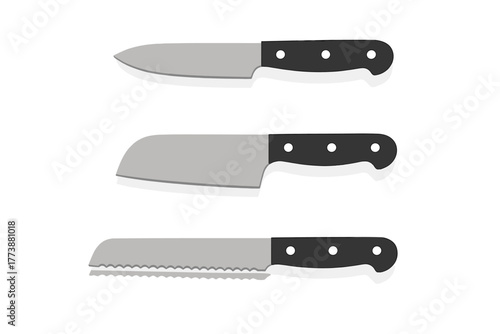 Set of three essential kitchen knives: chef, santoku, and serrated bread knife