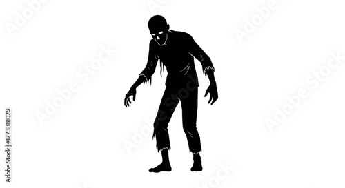 Silhouette of a menacing zombie with tattered clothing and glowing eyes, perfect for Halloween designs and horror themes