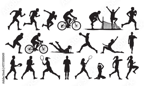 Collection of black silhouettes depicting various sports and fitness activities in dynamic poses