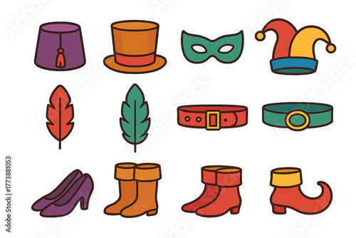 Colorful collection of costume accessories including hats, masks, feathers, belts, and boots