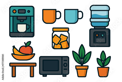 Kitchen appliances and household items set: coffee machine, microwave, water cooler, fruit, plants