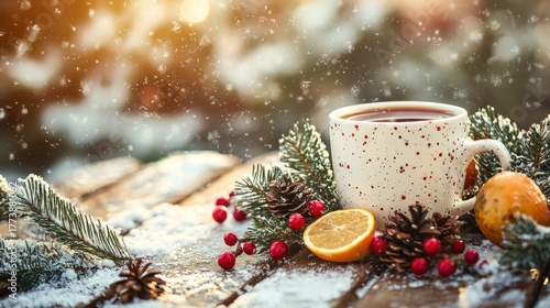 A cozy winter scene with a cup of hot tea, a slice of lemon, and a sprig of holly on a wooden table with snow falling.