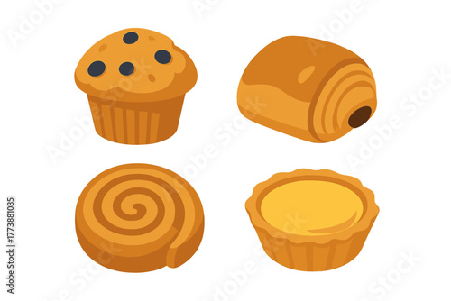 Assortment of sweet bakery items featuring a muffin, chocolate pastry, cinnamon swirl, and tart