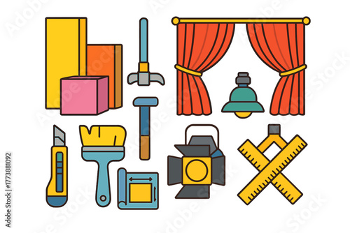 Collection of stage curtains, spotlights, props, and construction tools for theater production
