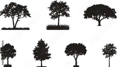 Collection of diverse silhouette trees isolated on white background for graphic design and illustration purposes