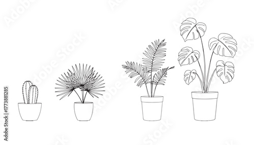 Collection of potted houseplants with varying heights and textures in a minimalist line art sketch style