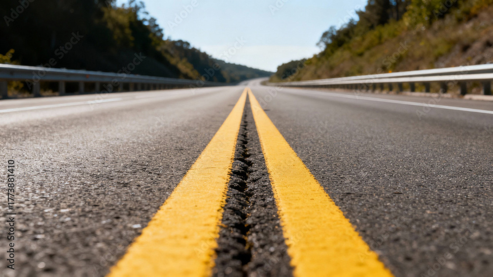 Obraz premium Highway central divider with double yellow lines separating traffic lanes in daylight. mobility guides, transit brochures, designed for transport & logistics marketing.