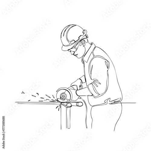 A focused worker, wearing a hard hat and safety glasses, skillfully operates an angle grinder to cut metal, generating sparks in this clean line art.