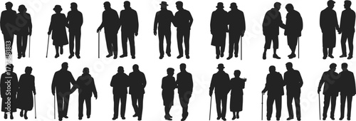 Elderly couple silhouettes, walking together, cane support, aging love, senior companionship, retirement life, black and white, flat vector illustration