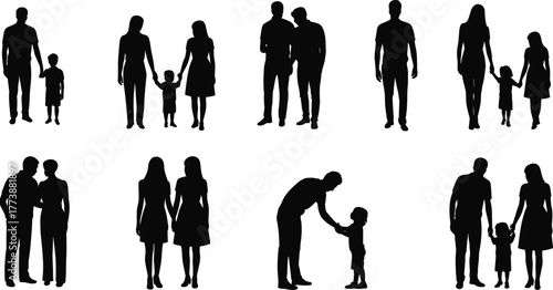 Family silhouettes, adult and child figures, parent interaction, standing poses, holding hands, flat vector illustration, black icons, social concept