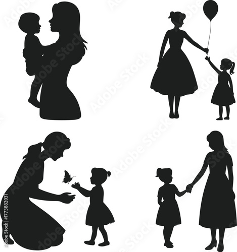 Mother daughter silhouette, family bonding, parenting moments, love, care, childhood, balloon, butterfly, walking, holding hands, flat vector illustration