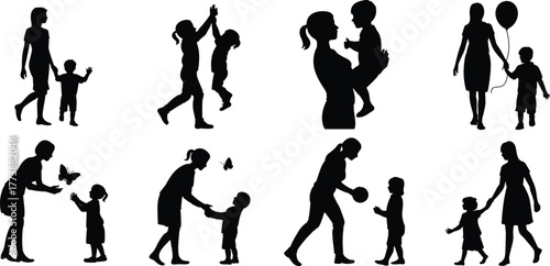 Parent and child bonding, family love, outdoor play, silhouette scene, emotional connection, caring adult, childhood moment, flat vector illustration