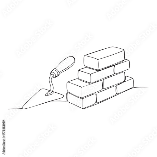 A sleek continuous line art illustration presents a mason's trowel placed beside a small stack of bricks, representing fundamental construction and architectural development.