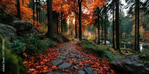 A dramatic low-angle shot of a forest path covered in fallen season