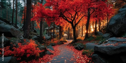 A dramatic low-angle shot of a forest path covered in fallen season