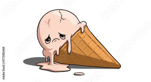 Sad melting ice cream cone with a face expressing disappointment on a white background