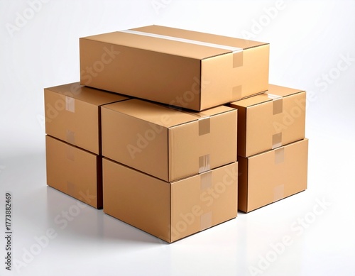Isolated stack of brown shipping cartons on white, perfect for emphasizing packaging and clean product presentation. Stacking Present birthday box and brown box in white background and for industry