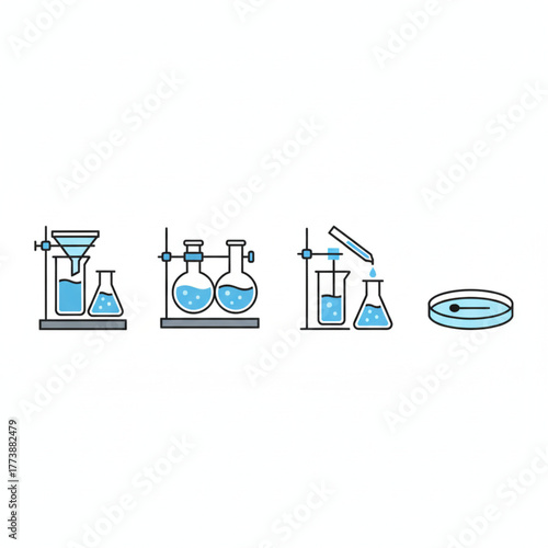 Collection of scientific research icons depicting chemical experiments, lab processes, and biotechnology procedures on a white background
