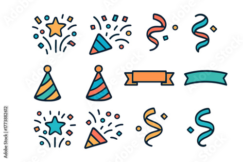 Set of festive celebration symbols including party hats, exploding confetti, streamers, and ribbons