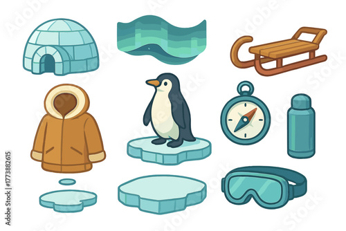 Arctic survival and winter exploration elements including igloo, penguin, parka, and sled