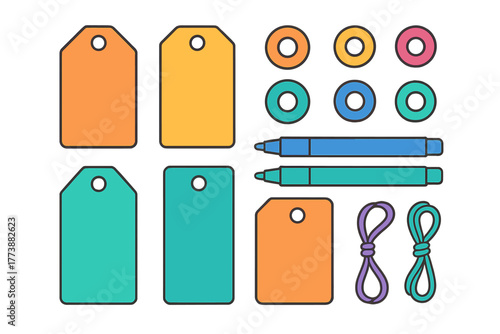 Set of colorful blank gift tags, felt tip markers, string loops, and circular reinforcements