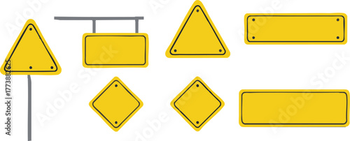 Collection of blank yellow road signs in various shapes for traffic and safety use