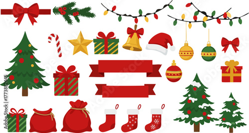 Festive christmas decorations featuring trees ornaments and holiday elements set