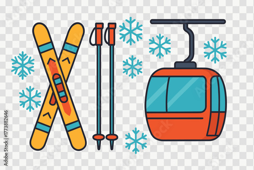 Skiing equipment and gondola cabin with falling snowflakes for winter recreation