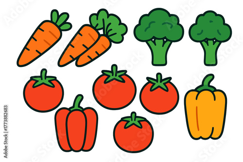 Set of healthy produce including carrots broccoli tomatoes and bell peppers