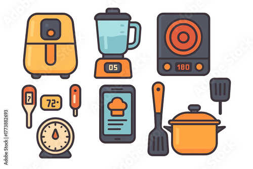 Modern kitchen appliances and cooking utensils set including air fryer blender and induction stove