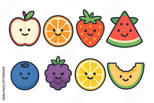 Adorable collection of happy fruit characters including apple, orange, strawberry, and melon slices