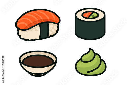 Stylized Japanese food icons including salmon nigiri maki roll soy sauce and wasabi