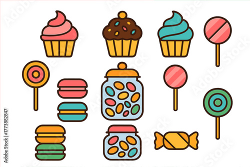 Colorful assortment of sweet desserts and candies: cupcakes, lollipops, macarons, and jelly beans