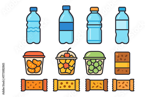 Outline icons representing grab and go snacks, bottled water, and convenience drinks